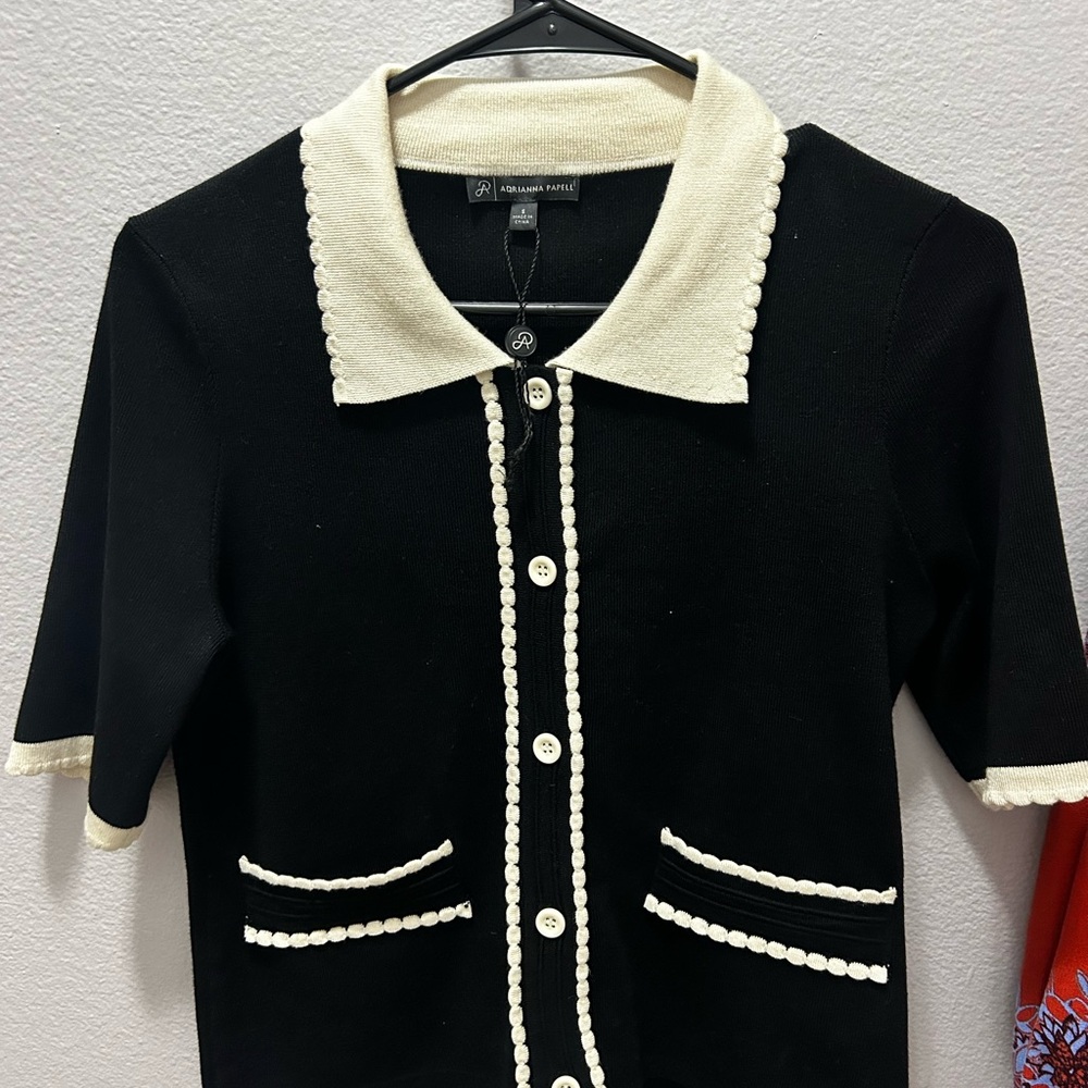 Adrianna Papell Black and Cream Cardigan Sweater with Preppy Aesthetic
